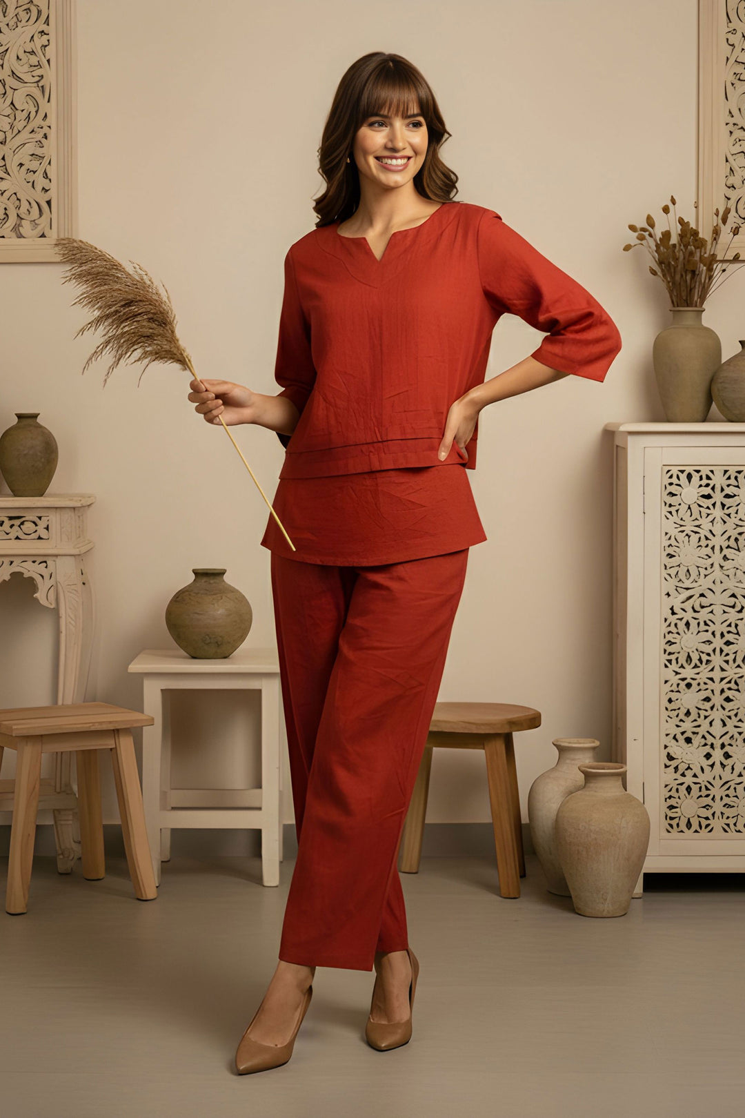Trendy Orange Orange Cotton Readymade Simple Co-Ord Set