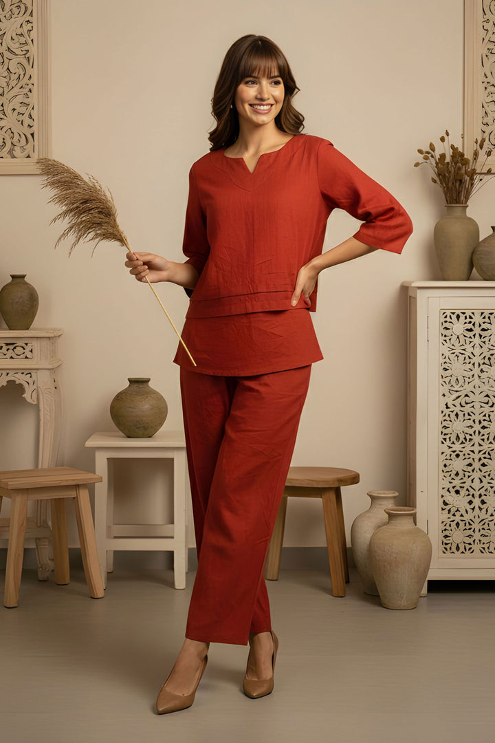 Trendy Orange Orange Cotton Readymade Simple Co-Ord Set