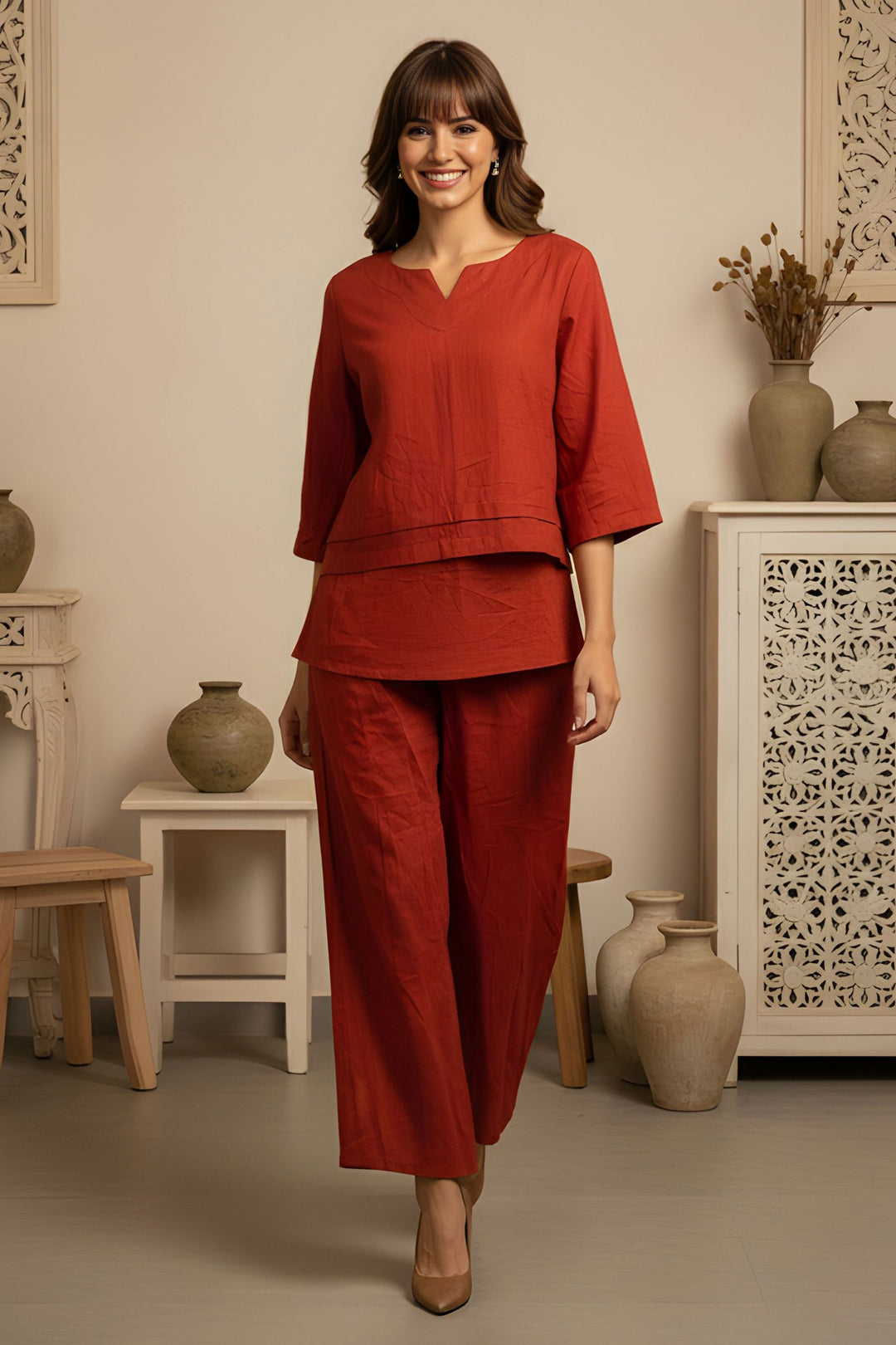 Trendy Orange Orange Cotton Readymade Simple Co-Ord Set