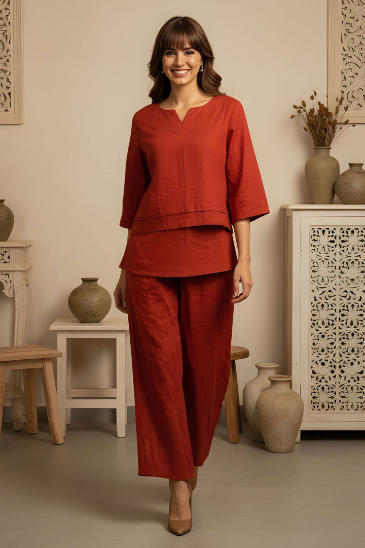 Trendy Orange Orange Cotton Readymade Simple Co-Ord Set