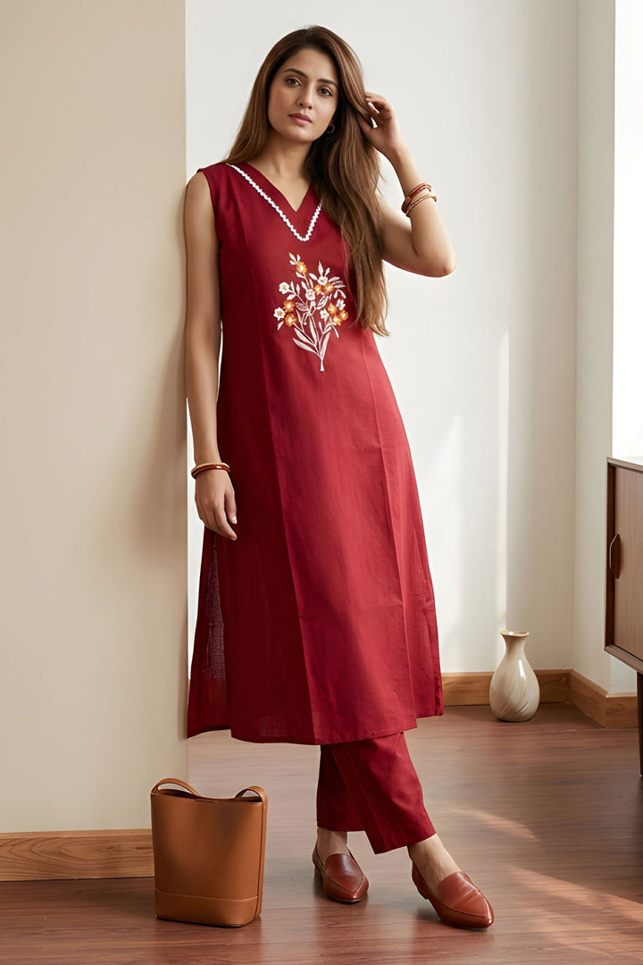 Cotton Readymade Long Kurti With Bottom In Maroon Color