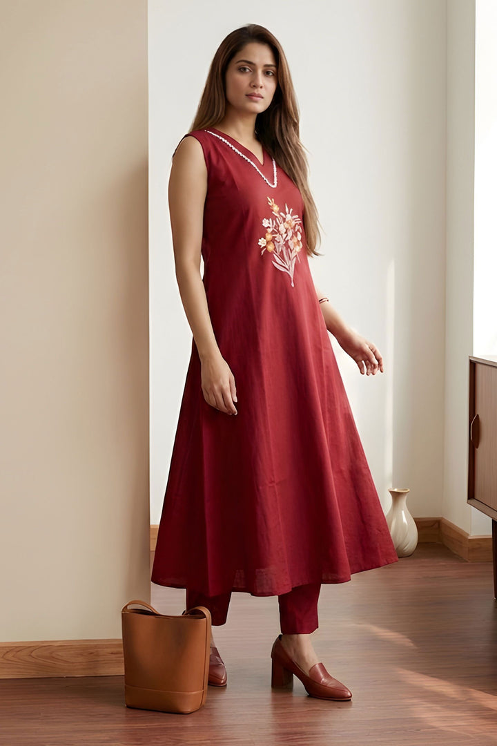 Cotton Readymade Long Kurti With Bottom In Maroon Color