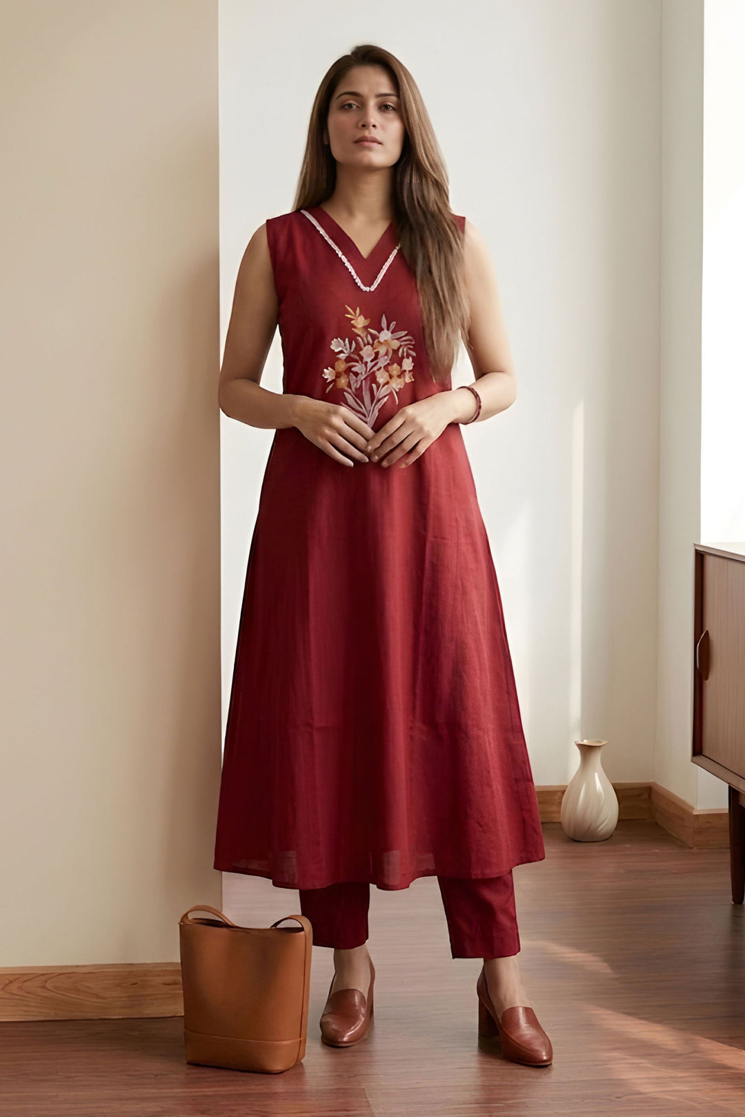 Cotton Readymade Long Kurti With Bottom In Maroon Color