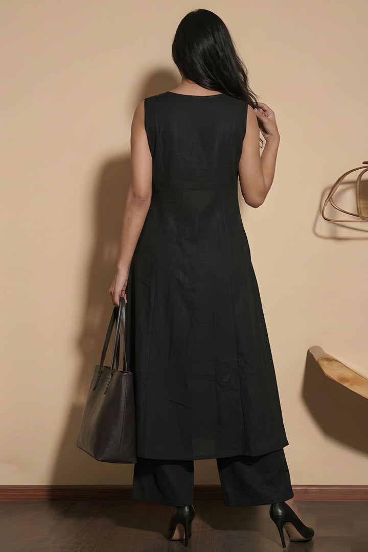 Black Color Readymade Casual Long Cotton Kurti With Bottom