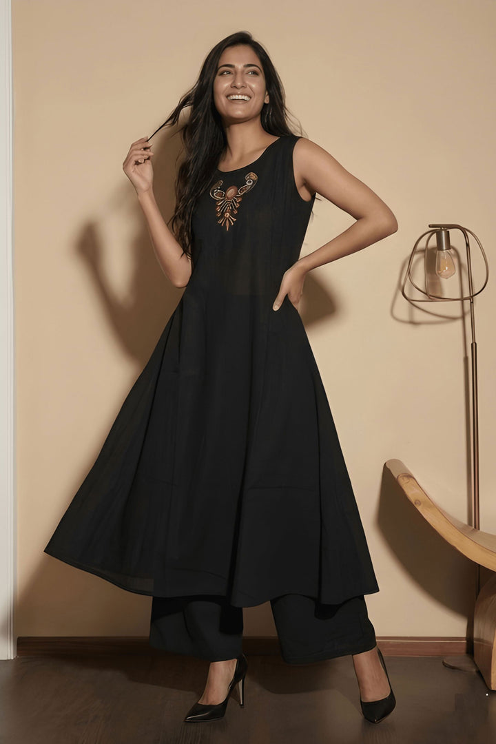 Black Color Readymade Casual Long Cotton Kurti With Bottom