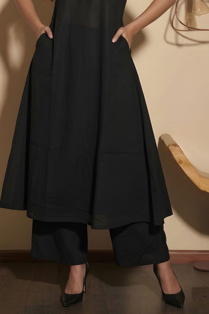 Black Color Readymade Casual Long Cotton Kurti With Bottom