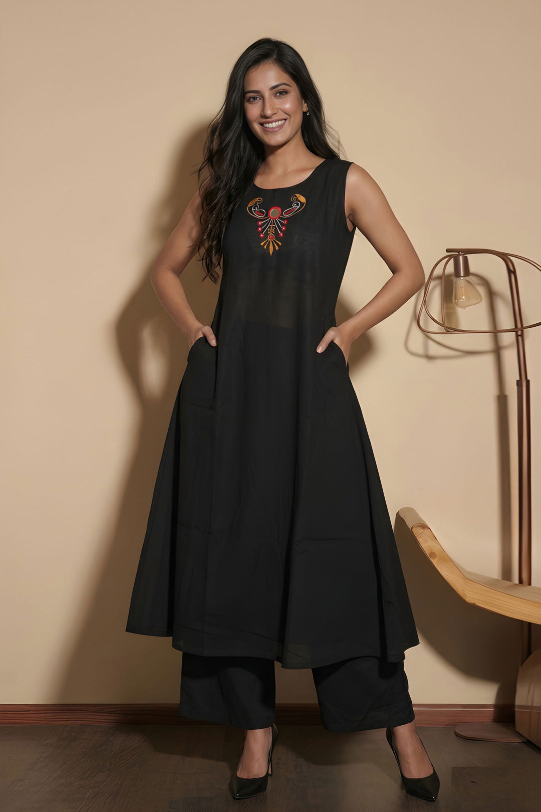Black Color Readymade Casual Long Cotton Kurti With Bottom