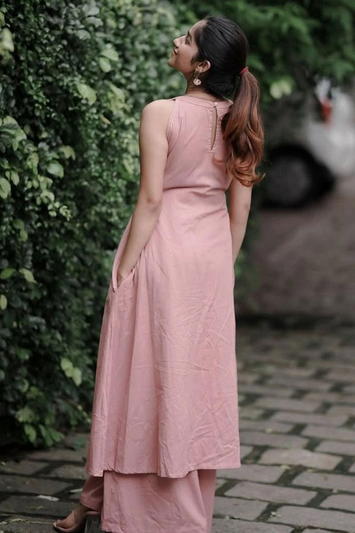 Peach Color Cotton Casual Readymade Long Kurti With Bottom