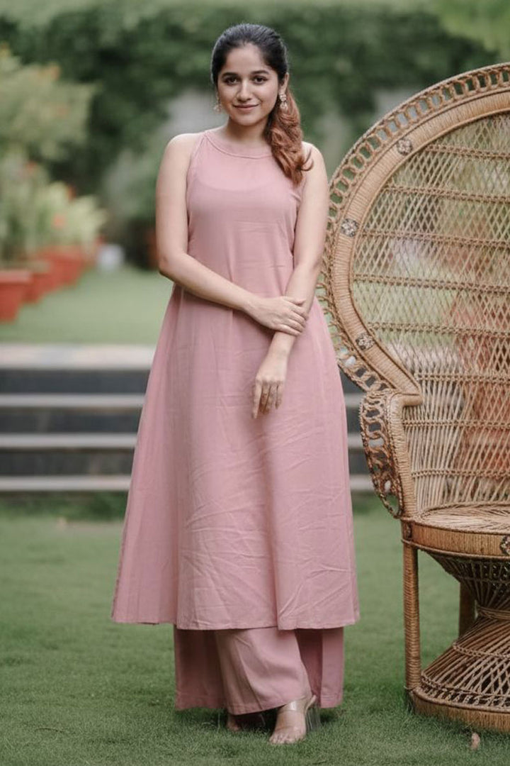 Peach Color Cotton Casual Readymade Long Kurti With Bottom