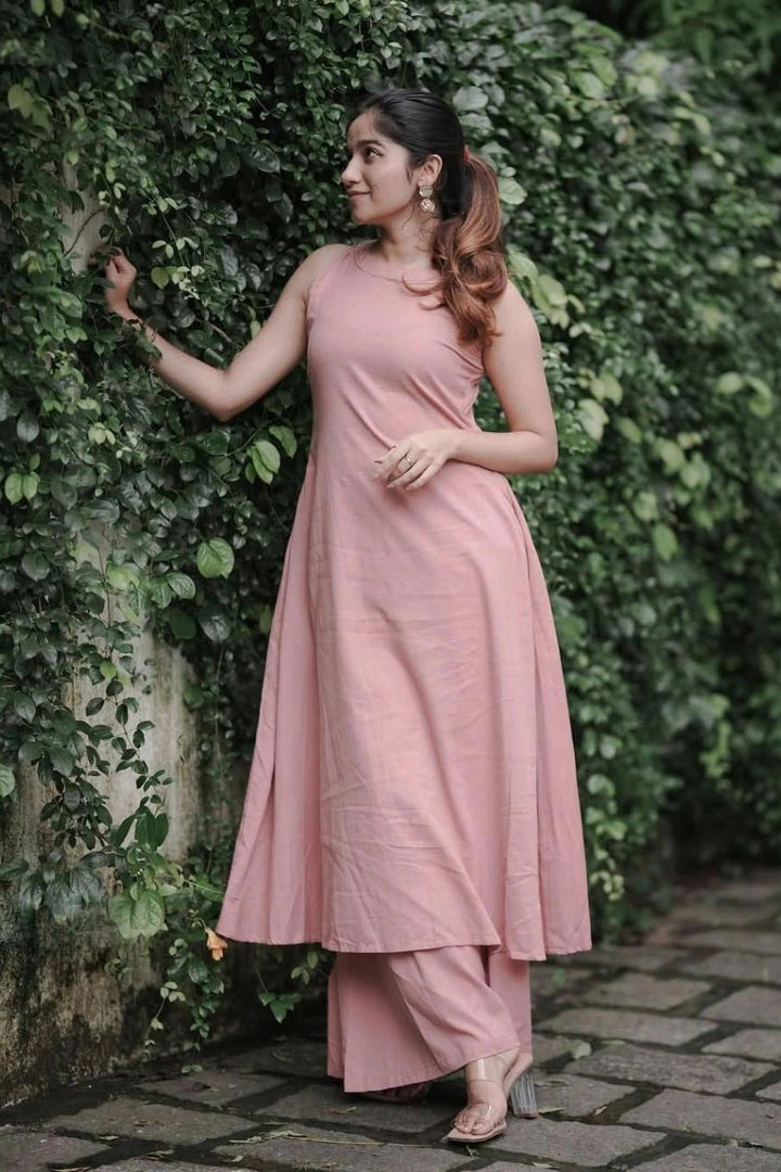 Peach Color Cotton Casual Readymade Long Kurti With Bottom