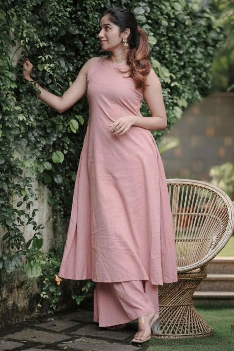 Peach Color Cotton Casual Readymade Long Kurti With Bottom