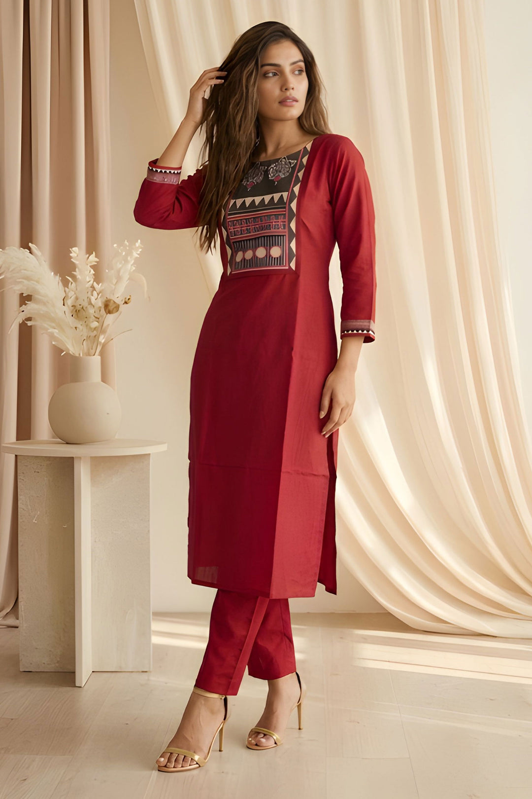 Art Silk Maroon Color Daily Wear Readymade Kurti With Bottom