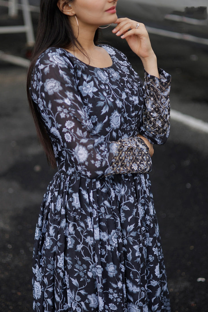 Floral Printed Black Color Readymade Gown | Buy Online India