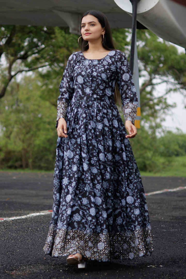 Floral Printed Black Color Readymade Gown | Buy Online India