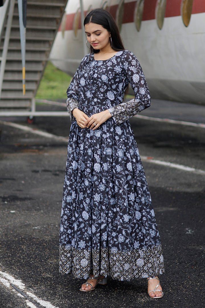 Floral Printed Black Color Readymade Gown | Buy Online India