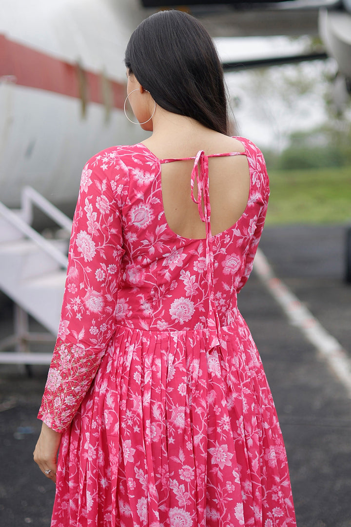 Merlot Georgette Fabric Pink Color Floral Printed Readymade Gown | Buy Online India