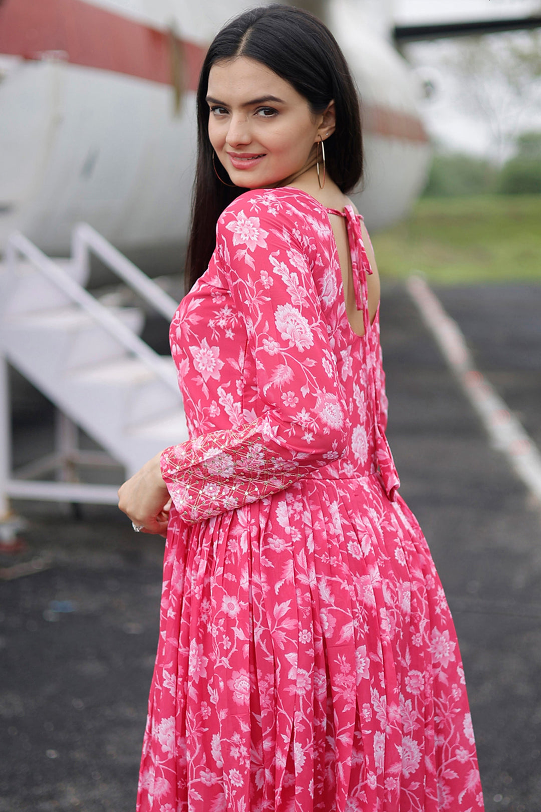 Merlot Georgette Fabric Pink Color Floral Printed Readymade Gown | Buy Online India