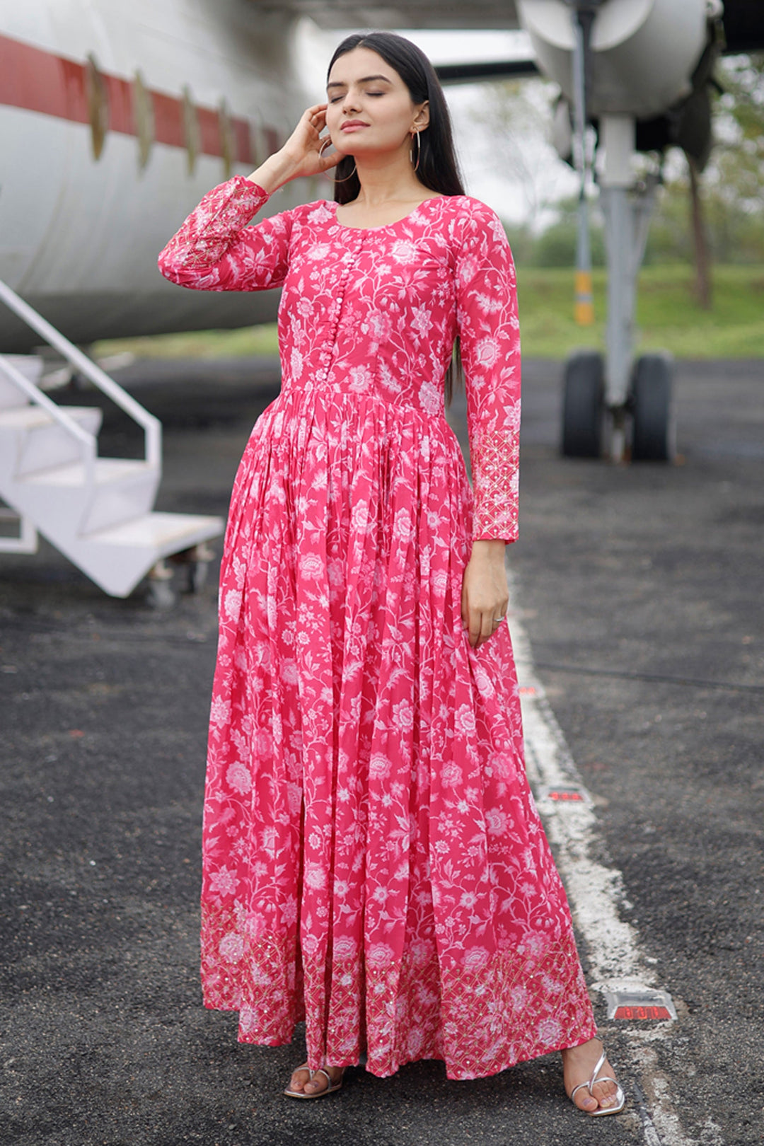 Merlot Georgette Fabric Pink Color Floral Printed Readymade Gown | Buy Online India
