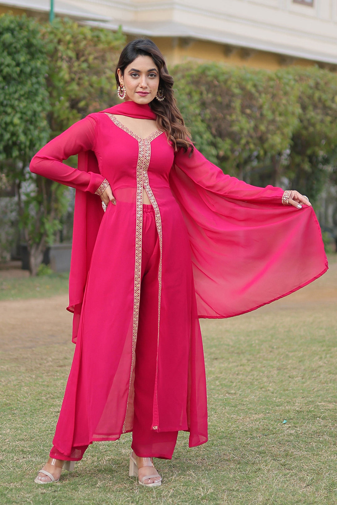 Pink Color Georgette Fabric Charming Party Wear Readymade Palazzo Suit | Buy Online India