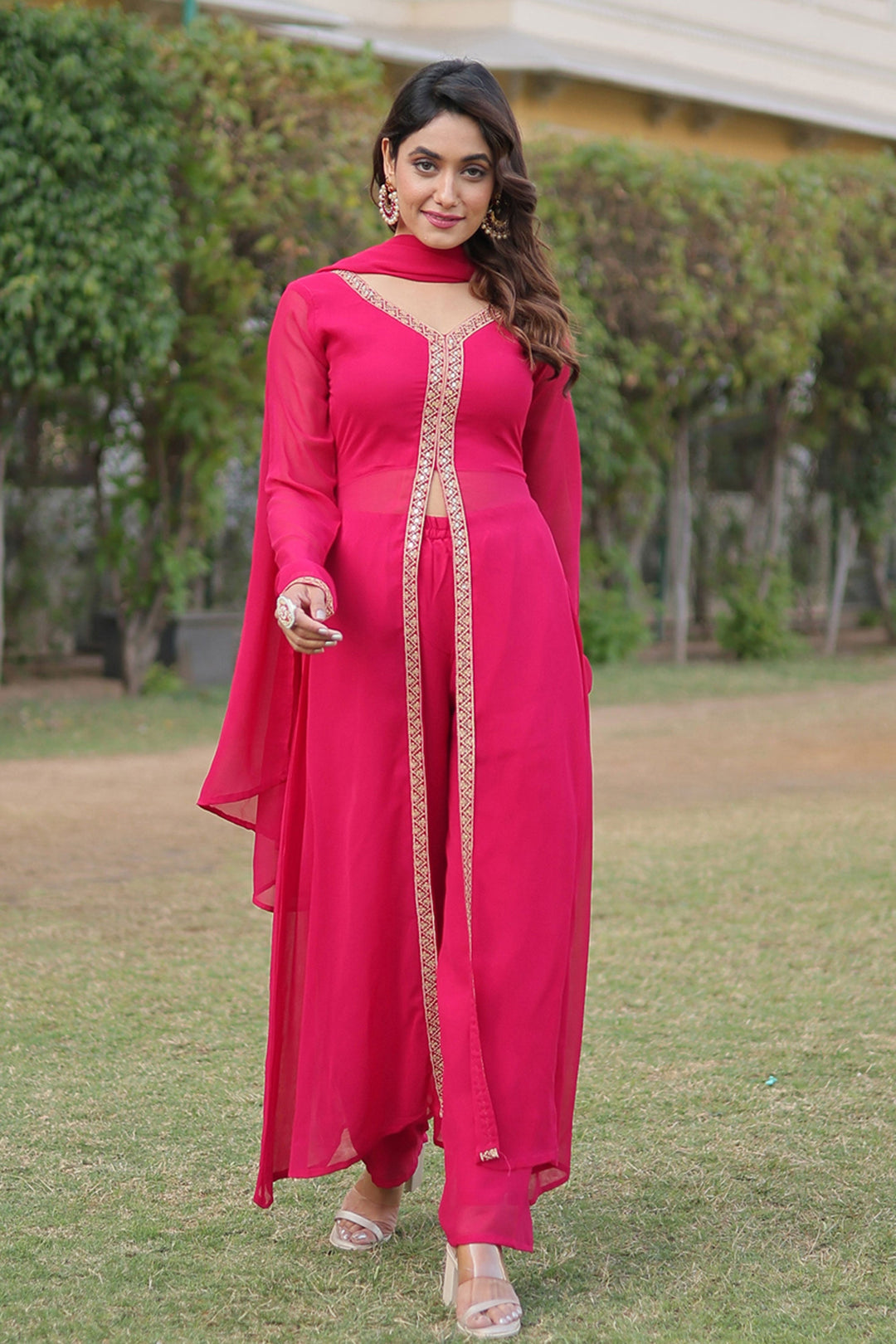 Pink Color Georgette Fabric Charming Party Wear Readymade Palazzo Suit | Buy Online India