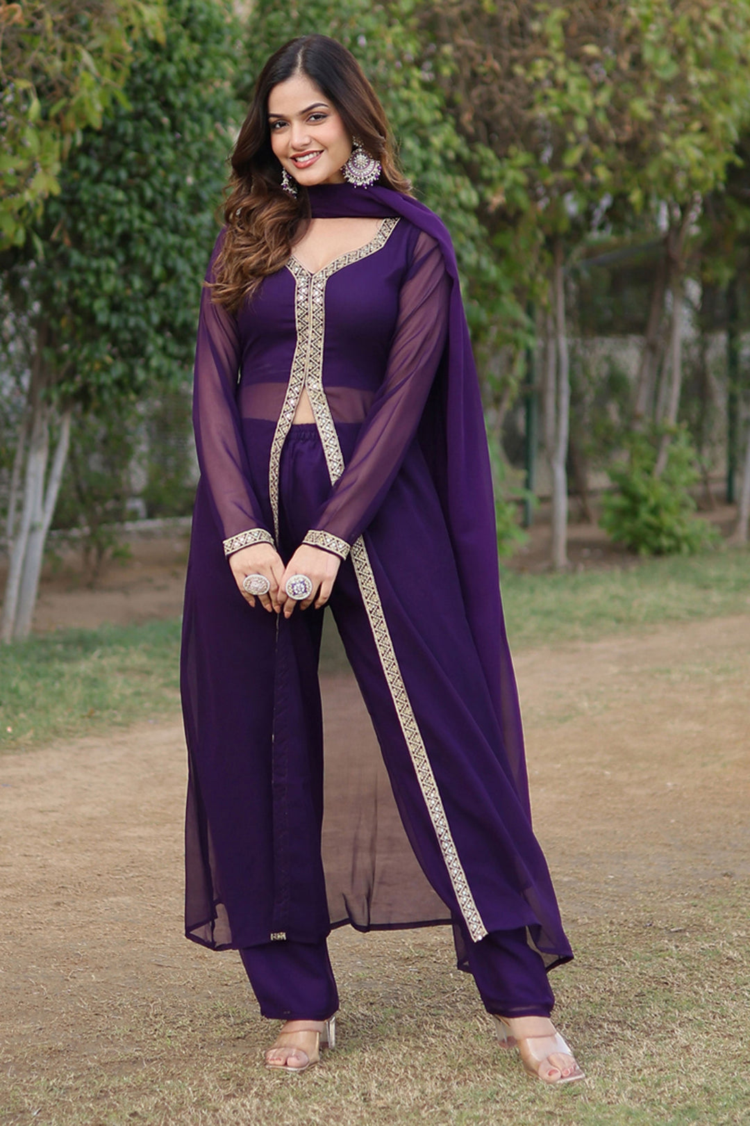Georgette Fabric Wine Color Attractive Party Wear Readymade Palazzo Suit | Buy Online India