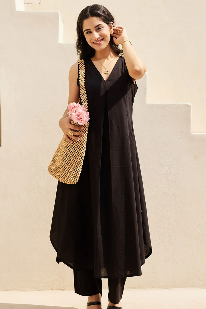 Glamorous Readymade Kurti With Bottom In Black Color Cotton Fabric | Buy Online India