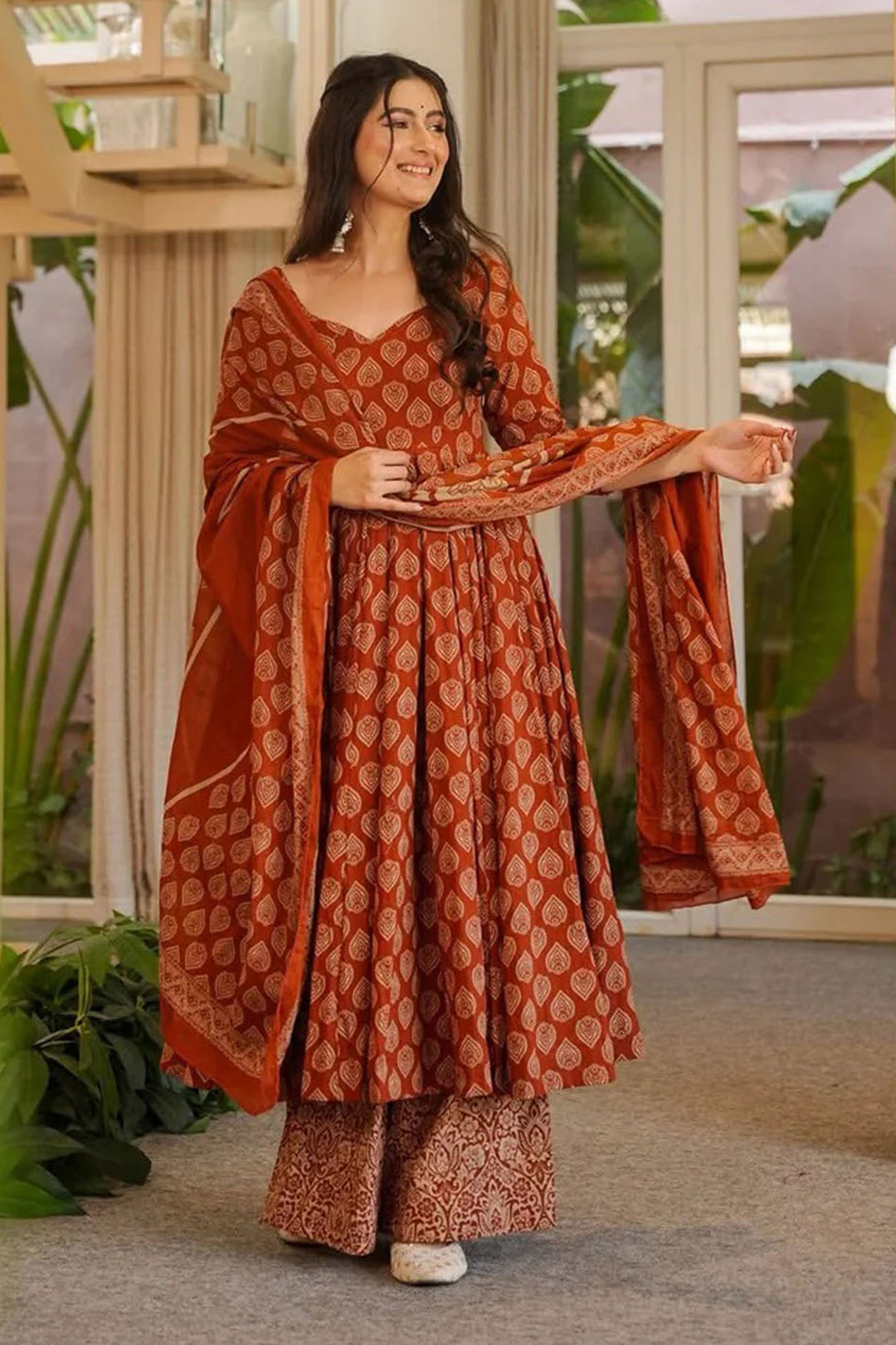 Orange Color Cotton Fabric Elegant Anarkali Style Readymade Salwar Sui