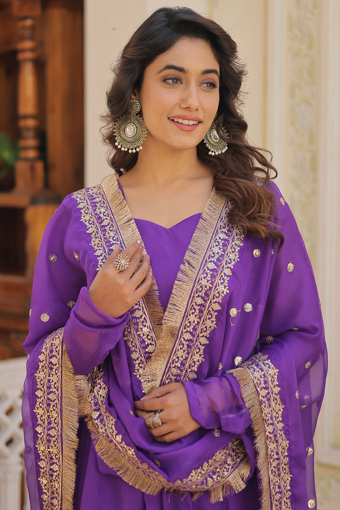 Purple Color Art Silk Fabric Divine Readymade Gown With Sequins Work Dupatta | Buy Online India