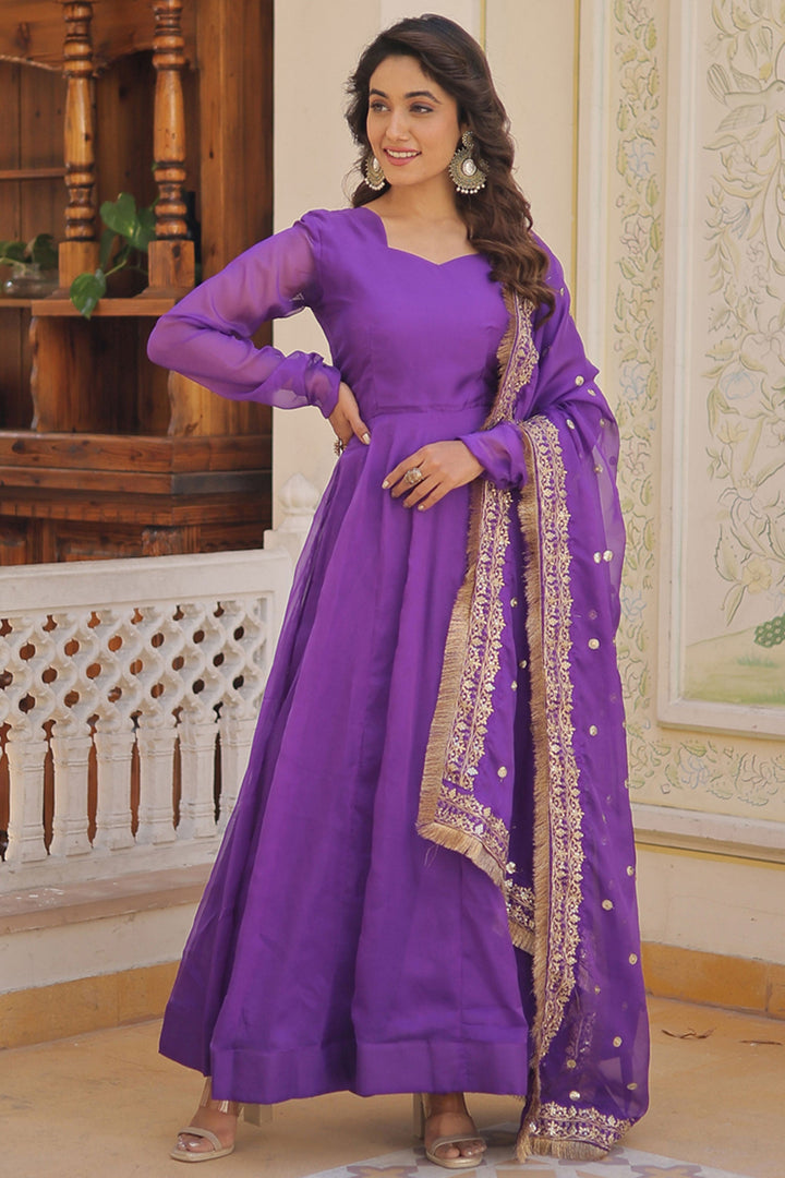 Purple Color Art Silk Fabric Divine Readymade Gown With Sequins Work Dupatta | Buy Online India