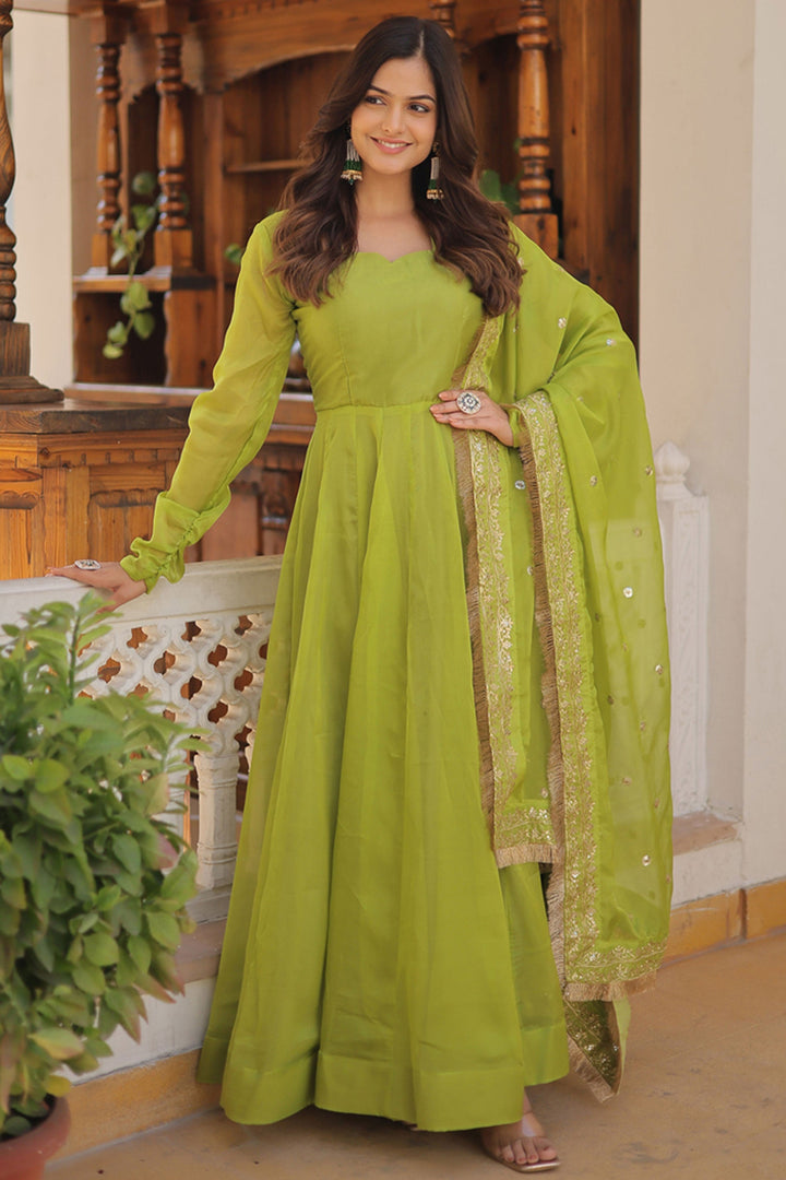 Art Silk Fabric Sea Green Color Solid Readymade Gown With Sequins Work Dupatta | Buy Online India