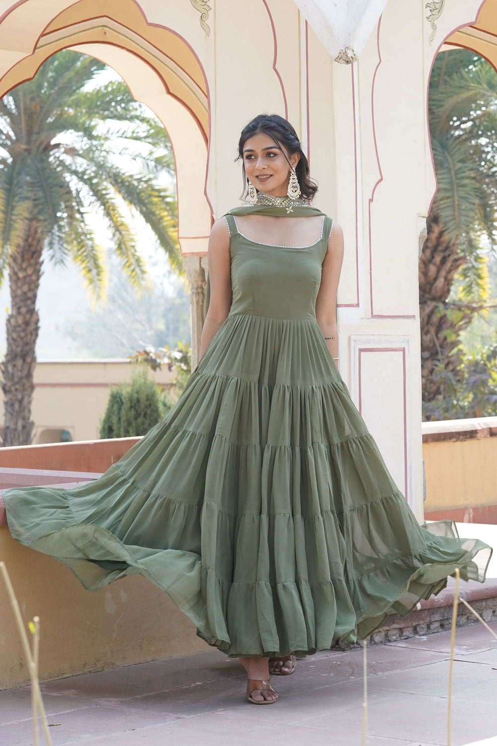 Function Wear Green Color Glorious Readymade Gown With Dupatta In Georgette Fabric | Buy Online India