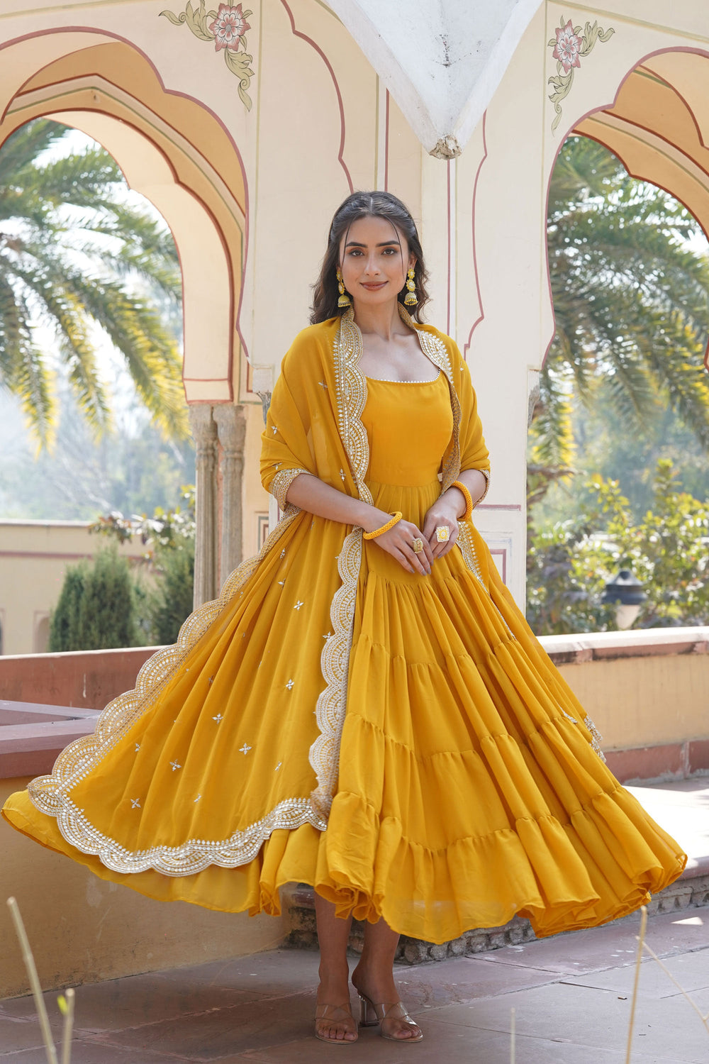 Georgette Fabric Function Wear Charismatic Readymade Gown With Dupatta In Yellow Color | Buy Online India