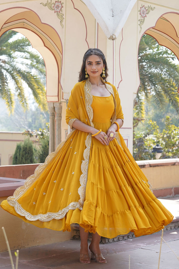Georgette Fabric Function Wear Charismatic Readymade Gown With Dupatta In Yellow Color | Buy Online India