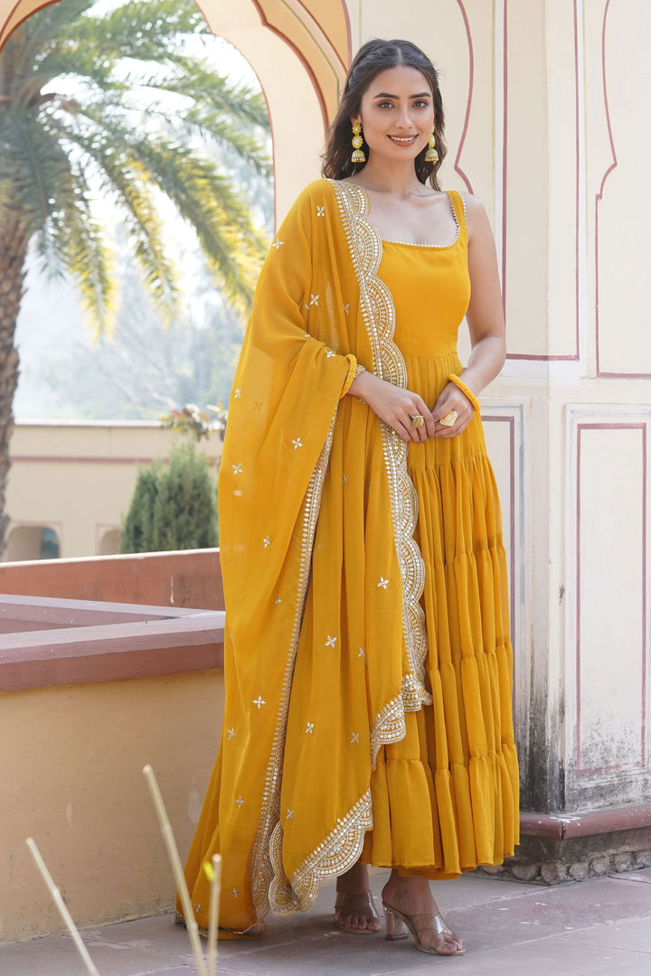 Georgette Fabric Function Wear Charismatic Readymade Gown With Dupatta In Yellow Color | Buy Online India