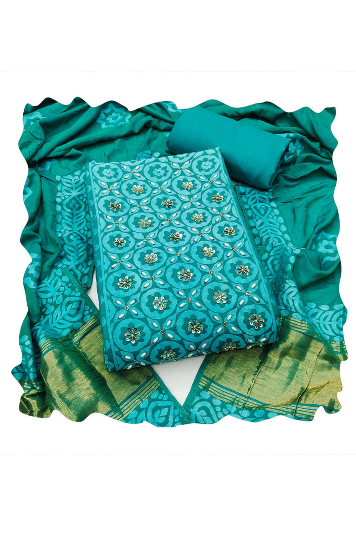 Teal Color Banarasi Cotton Hand Work Salwar Suit