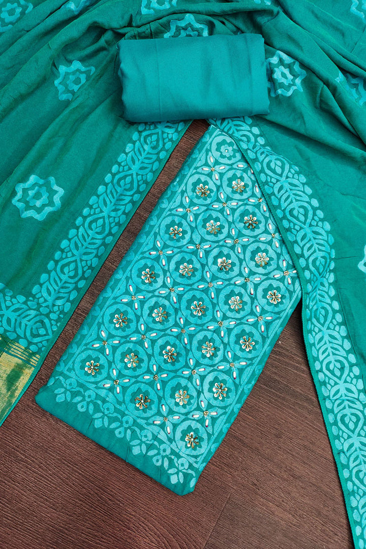 Teal Color Banarasi Cotton Hand Work Salwar Suit