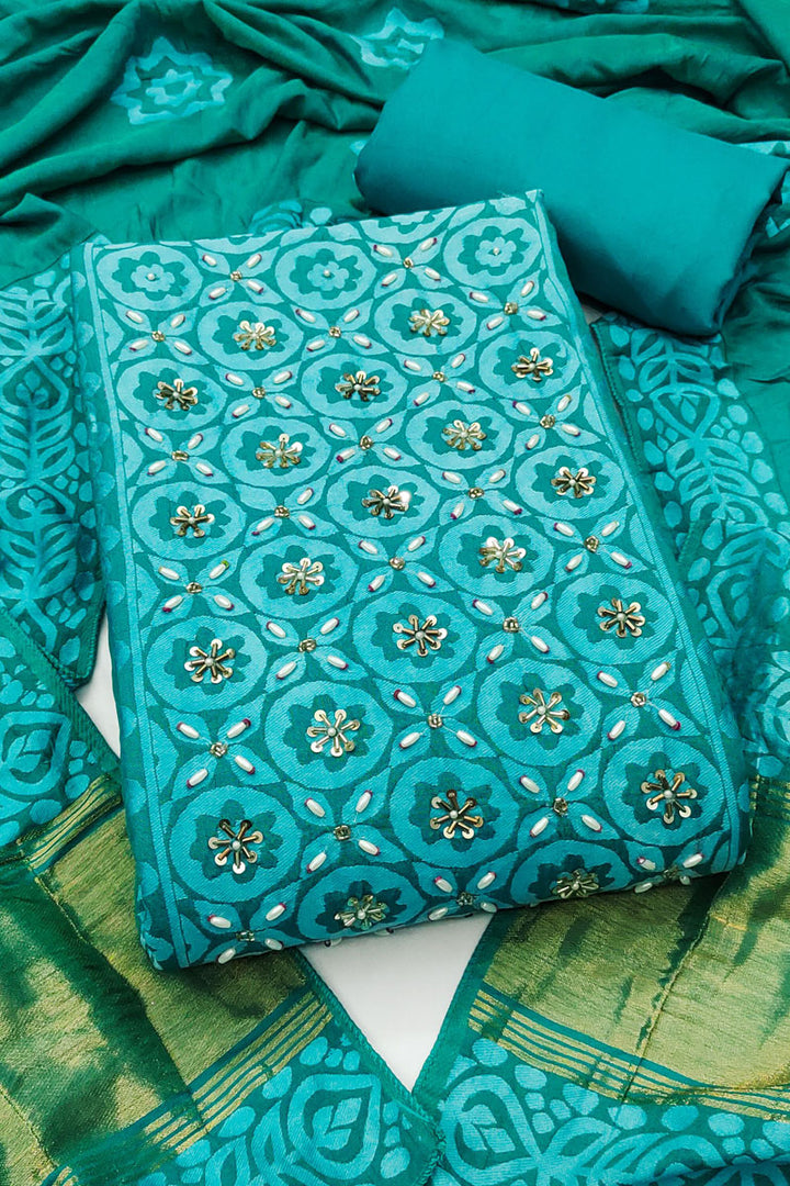 Teal Color Banarasi Cotton Hand Work Salwar Suit
