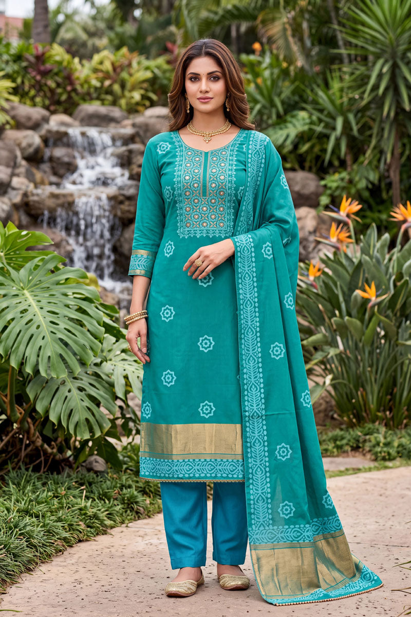 Teal Color Banarasi Cotton Hand Work Salwar Suit