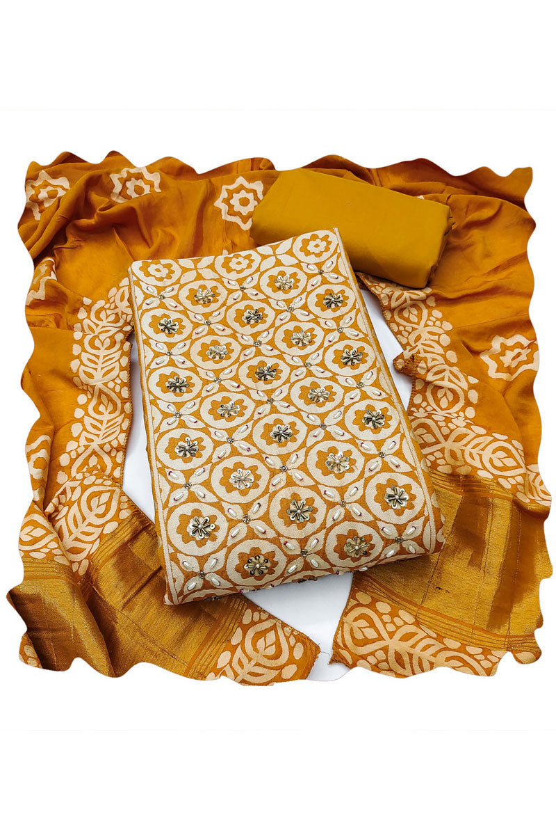 Hand Work On Banarasi Cotton Salwar Suit In Mustard Color