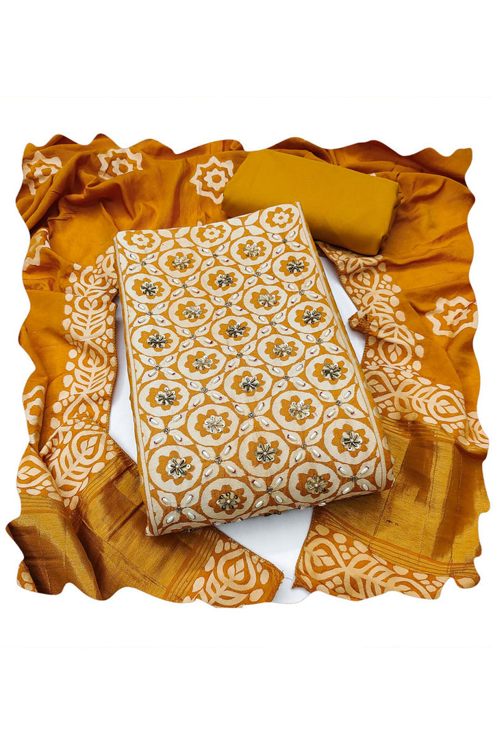 Hand Work On Banarasi Cotton Salwar Suit In Mustard Color