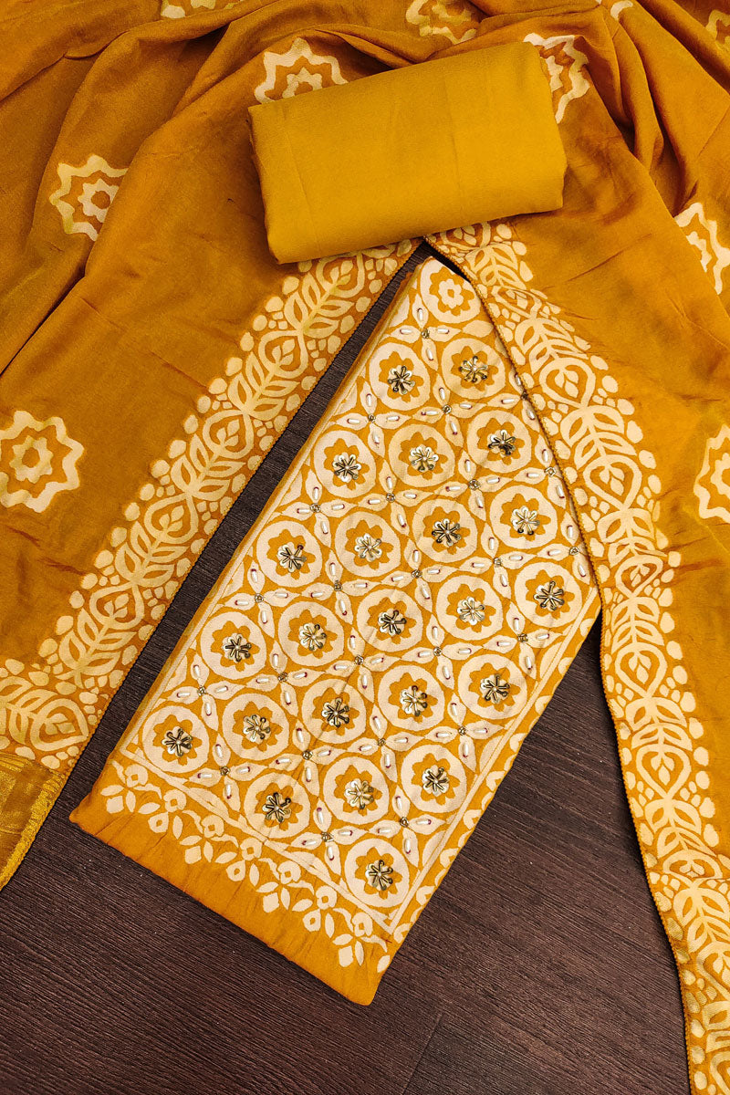 Hand Work On Banarasi Cotton Salwar Suit In Mustard Color
