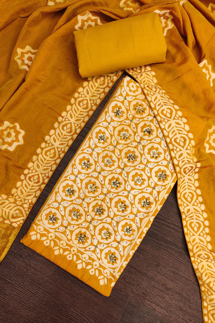 Hand Work On Banarasi Cotton Salwar Suit In Mustard Color