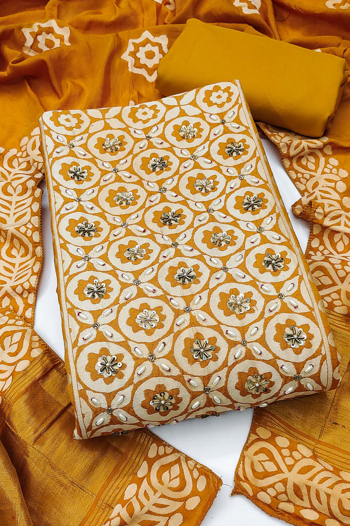 Hand Work On Banarasi Cotton Salwar Suit In Mustard Color