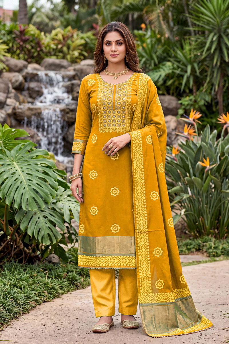 Hand Work On Banarasi Cotton Salwar Suit In Mustard Color