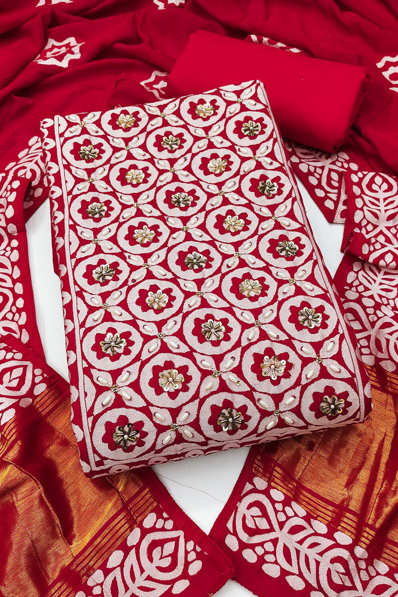 Red Banarasi Cotton Coveted Hand Work Salwar Suit