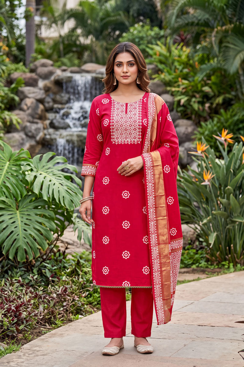 Red Banarasi Cotton Coveted Hand Work Salwar Suit