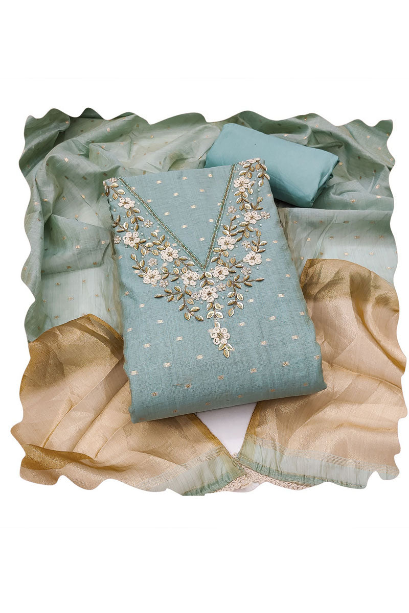 Banarasi Cotton Light Cyan Color Salwar Suit With Hand Work
