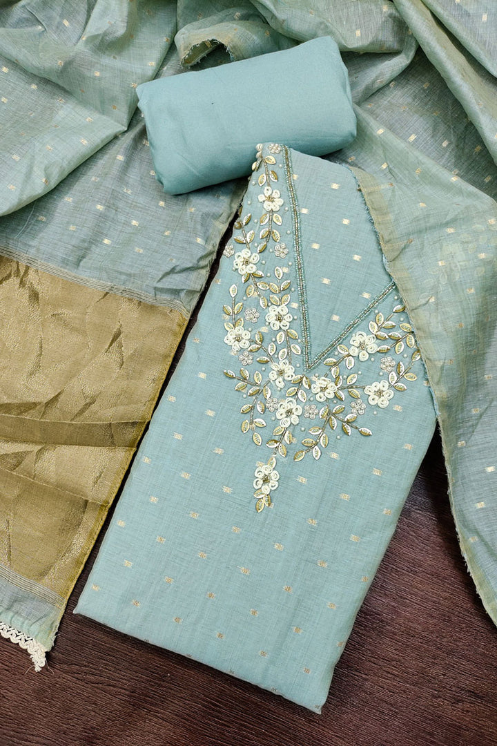 Banarasi Cotton Light Cyan Color Salwar Suit With Hand Work