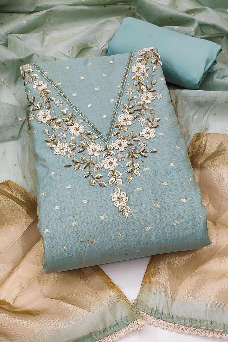 Banarasi Cotton Light Cyan Color Salwar Suit With Hand Work