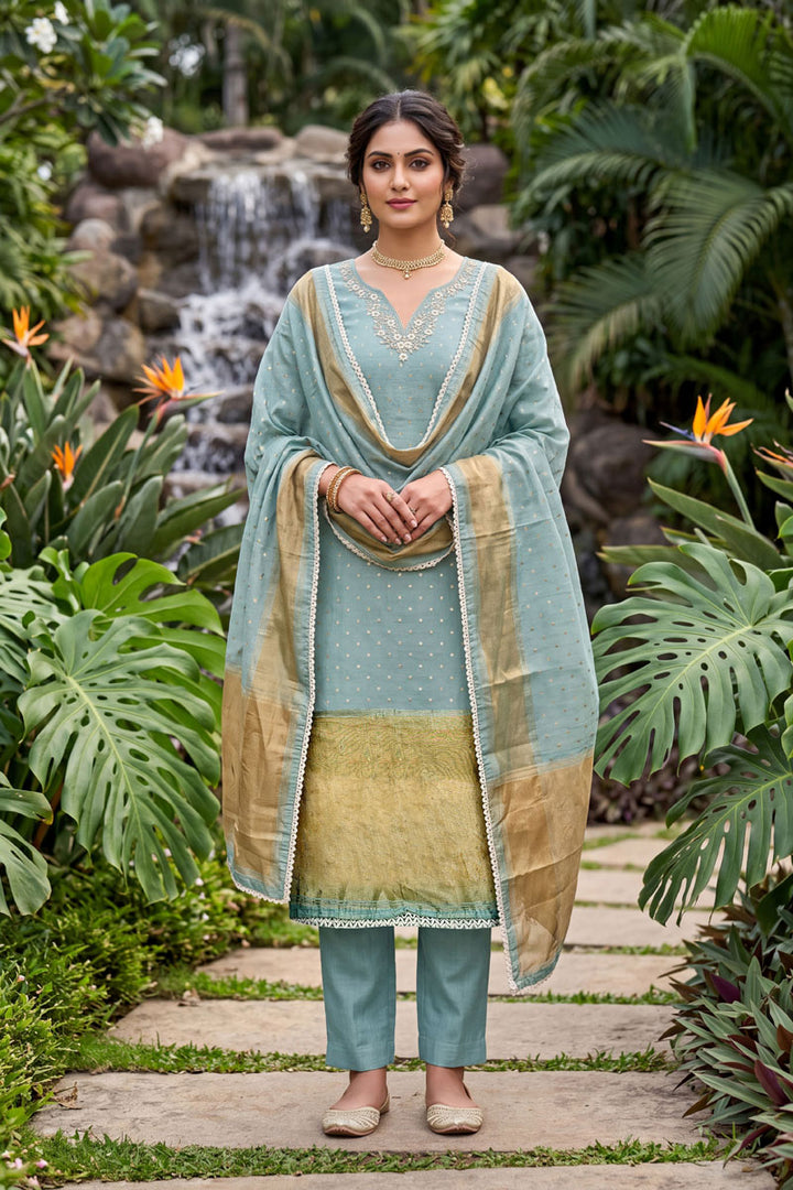 Banarasi Cotton Light Cyan Color Salwar Suit With Hand Work